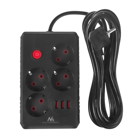 Maclean Listwa Zasilająca, Przedłużacz 4 Gniazda + 3Xusb, 110-240V Ac 50/60Hz, 2.1A Max 2500W, 3M, Czarna, Mce393 B