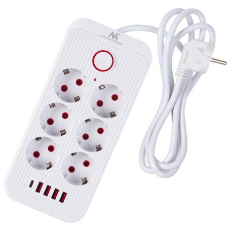 Maclean Listwa Zasilająca, Przedłużacz 6 Gniazd + 4Xusb, 110-240V Ac 50/60Hz, 2.1A Max 2500W, 1,5 M, Biała Mce389 W
