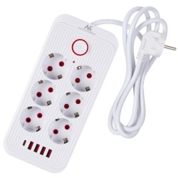 Maclean Listwa Zasilająca, Przedłużacz 6 Gniazd + 4Xusb, 110-240V Ac 50/60Hz, 2.1A Max 2500W, 1,5 M, Biała Mce389 W