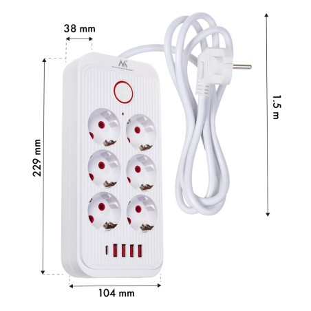 Maclean Listwa Zasilająca, Przedłużacz 6 Gniazd + 4Xusb, 110-240V Ac 50/60Hz, 2.1A Max 2500W, 1,5 M, Biała Mce389 W
