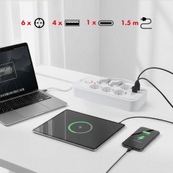 Maclean Listwa Zasilająca, Przedłużacz 6 Gniazd + 4Xusb, 110-240V Ac 50/60Hz, 2.1A Max 2500W, 1,5 M, Biała Mce389 W