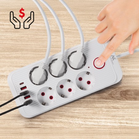 Maclean Listwa Zasilająca, Przedłużacz 6 Gniazd + 4Xusb, 110-240V Ac 50/60Hz, 2.1A Max 2500W, 1,5 M, Biała Mce389 W