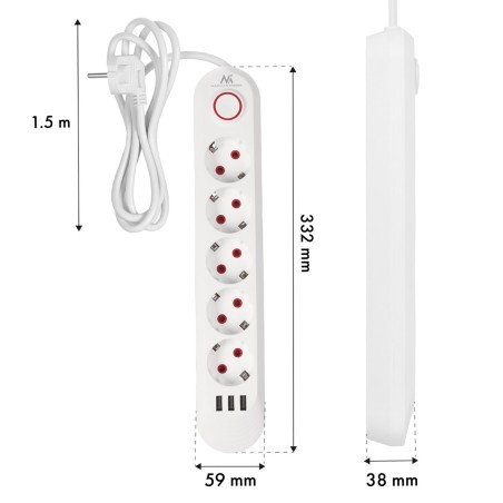 Maclean Listwa Zasilająca Przedłużacz5 Gniazd + 3Xusb, 110-240V Ac 50/60Hz, 2.1A Max 2500W, 1,5M, Biała Mce395 W