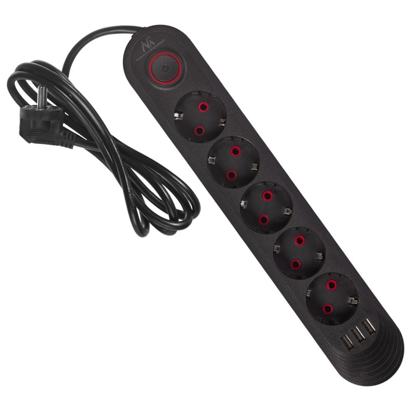 Maclean Listwa Zasilająca, Przedłużacz5 Gniazd + 3Xusb, 110-240V Ac 50/60Hz, 2.1A Max 2500W, 1,5M, Czarna Mce395 B