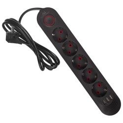 Maclean Listwa Zasilająca, Przedłużacz5 Gniazd + 3Xusb, 110-240V Ac 50/60Hz, 2.1A Max 2500W, 1,5M, Czarna Mce395 B