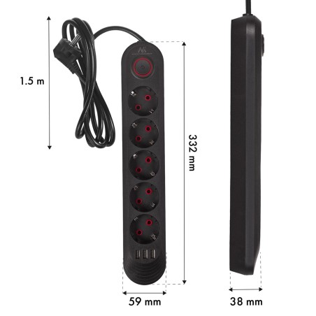 Maclean Listwa Zasilająca, Przedłużacz5 Gniazd + 3Xusb, 110-240V Ac 50/60Hz, 2.1A Max 2500W, 1,5M, Czarna Mce395 B