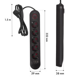 Maclean Listwa Zasilająca, Przedłużacz5 Gniazd + 3Xusb, 110-240V Ac 50/60Hz, 2.1A Max 2500W, 1,5M, Czarna Mce395 B