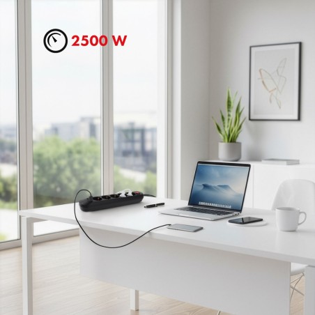 Maclean Listwa Zasilająca, Przedłużacz5 Gniazd + 3Xusb, 110-240V Ac 50/60Hz, 2.1A Max 2500W, 1,5M, Czarna Mce395 B