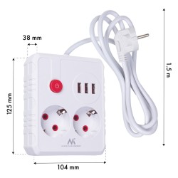 Maclean Listwa Zasilająca, Przedłużacz 2 Gniazda + 3Xusb, 110-240V Ac 50/60Hz, 2.1A Max 2500W, 1.5M, Biała Mce387 W