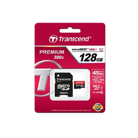 Sd Microsd Card 128Gb Transcend Sdxc Uhs1 W/Adapter
