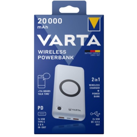 Varta 57909 101 111 Bank Mocy Litowo-Polimerowy (Lipo) 20000 Mah Bezprzewodowe Ładowanie Biały