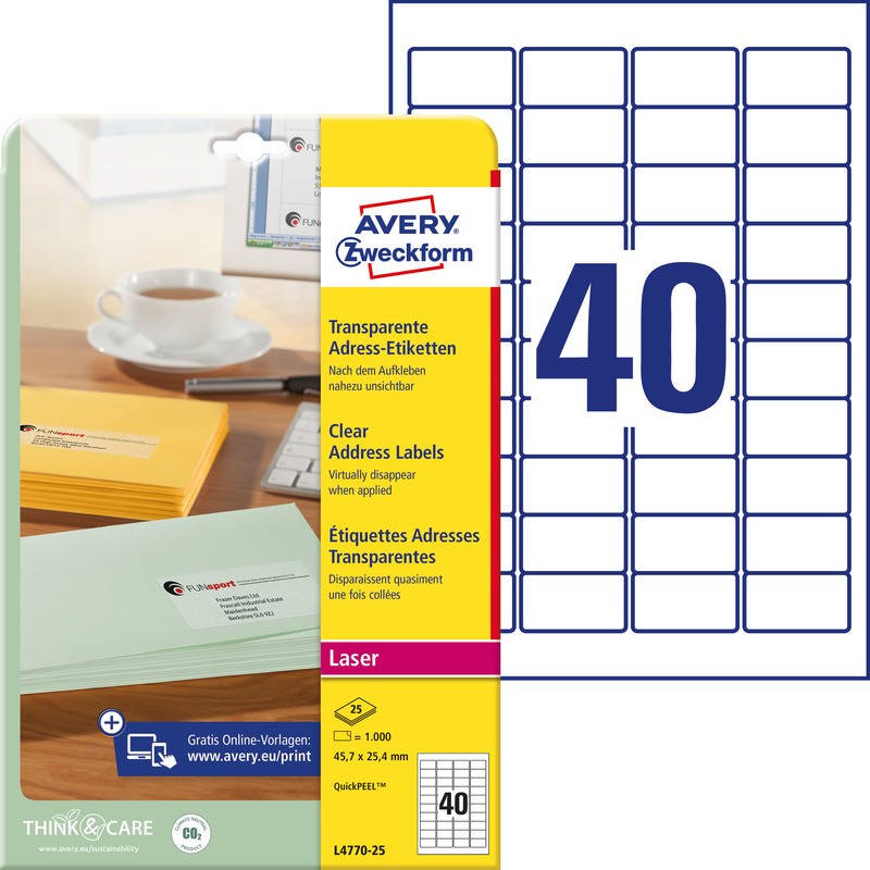 Etykiety A4 Avery 45,7*25,4Mm Przezroczyste (25)