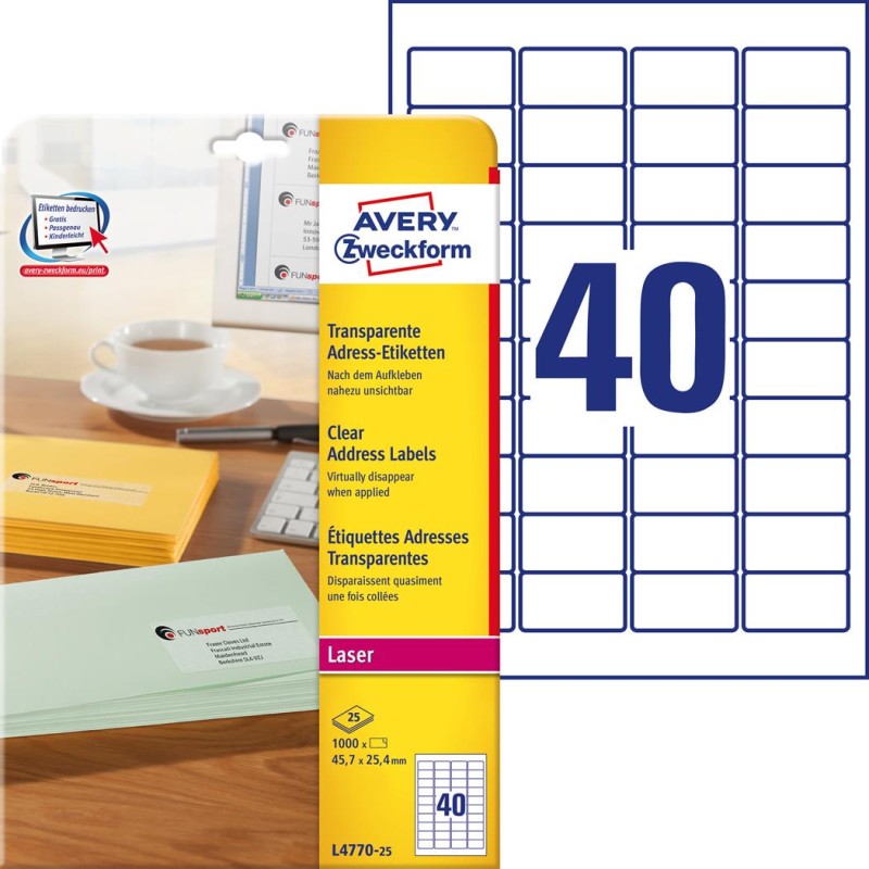 Etykiety Adresowe L4770-25 45,7 X 25,4 25 Ark. Przezroczyste Avery Zweckform