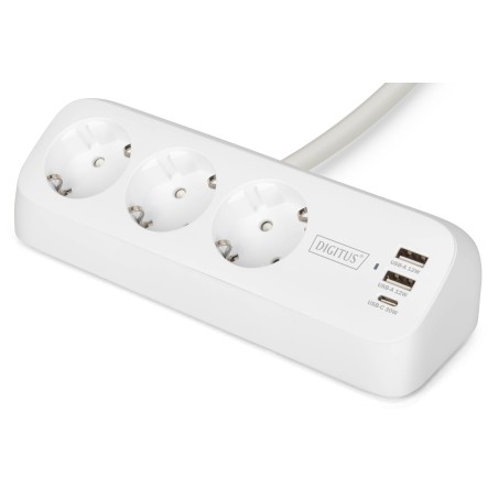 Digitus 3-Drożna Biurowa Listwa Zasilająca Z 2 Złączami Usb-A I 1 Złączem Usb-C, Biała