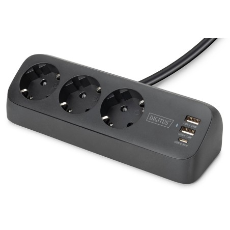 Digitus 3-Drożna Biurowa Listwa Zasilająca Z 2 Złączami Usb-A I 1 Złączem Usb-C, Czarna