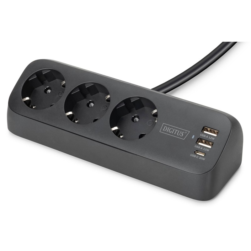 Digitus 3-Drożna Biurowa Listwa Zasilająca Z 2 Złączami Usb-A I 1 Złączem Usb-C, Czarna