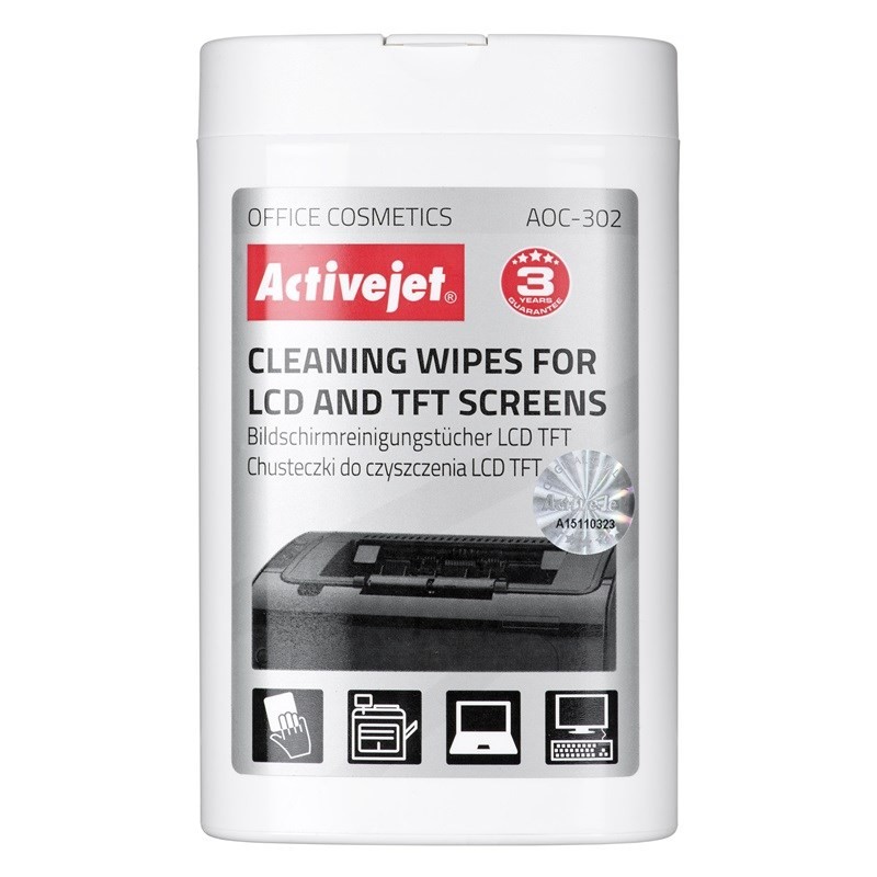 Activejet Aoc-302 Chusteczki Do Matryc Lcd. (100 Szt.) Nawilżane Chusteczki Do Matryc, Usuwające Wszelkiego Rodzaju Zanieczyszcz