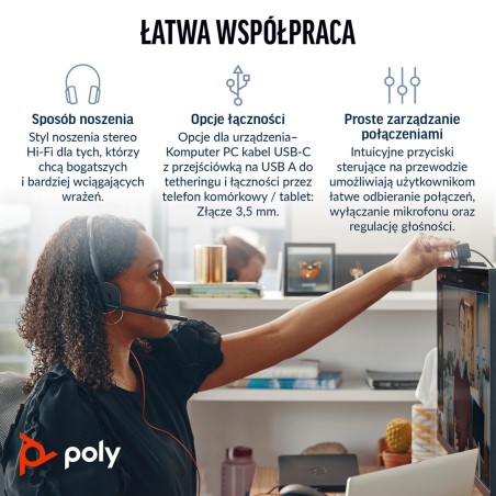 Poly Zestaw Słuchawkowy Blackwire 3225 Stereo Usb-C + Wtyczka 3,5 Mm + Przejściówka Usb-C/A
