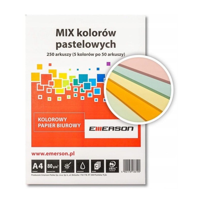 Papier Xero A4 80G Mix Pastelowy Xem1000250Pwn Emerson  5X50 Arkuszy