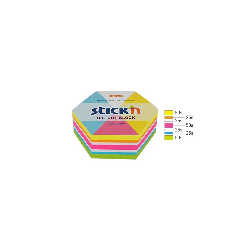 Notes Sześciokąt, 61X70Mm, Mix 5 Kol. Neon+Biały, 250Kart. Sticknulln 21827
