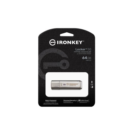 Kingston Ironkey Locker+ 50 Pamięć Usb 64 Gb Usb Typu-A 3.2 Gen 1 (3.1 Gen 1) Srebrny