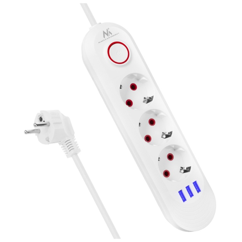 Maclean Listwa Zasilająca, Przedłużacz 3 Gniazda + 3Xusb, 110-240V Ac 50/60Hz, 2.1A Max 2500W, 1,5M, Biała Mce394 W