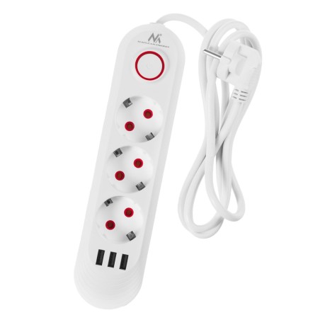 Maclean Listwa Zasilająca, Przedłużacz 3 Gniazda + 3Xusb, 110-240V Ac 50/60Hz, 2.1A Max 2500W, 1,5M, Biała Mce394 W