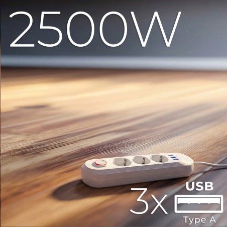 Maclean Listwa Zasilająca, Przedłużacz 3 Gniazda + 3Xusb, 110-240V Ac 50/60Hz, 2.1A Max 2500W, 1,5M, Biała Mce394 W