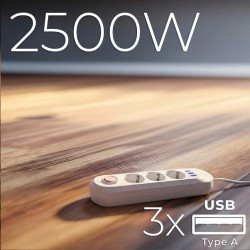 Maclean Listwa Zasilająca, Przedłużacz 3 Gniazda + 3Xusb, 110-240V Ac 50/60Hz, 2.1A Max 2500W, 1,5M, Biała Mce394 W