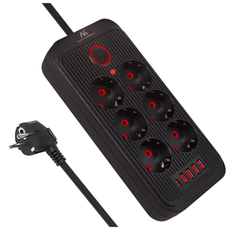 Maclean Listwa Zasilająca, Przedłużacz 6 Gniazd + 4Xusb, 110-240V Ac 50/60Hz, 2.1A Max 2500W, 1,5 M, Czarna Mce389 B