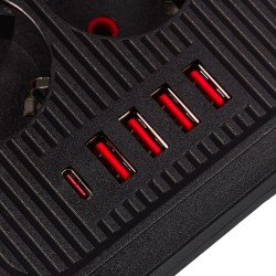 Maclean Listwa Zasilająca, Przedłużacz 6 Gniazd + 4Xusb, 110-240V Ac 50/60Hz, 2.1A Max 2500W, 1,5 M, Czarna Mce389 B