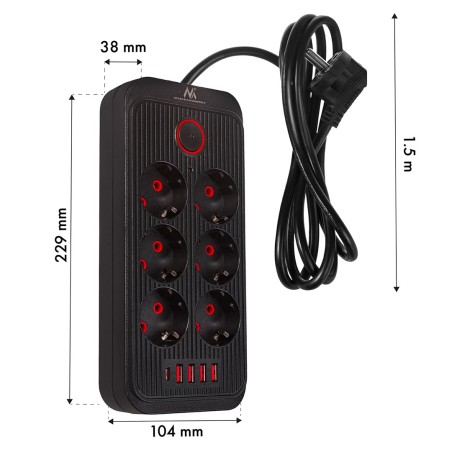 Maclean Listwa Zasilająca, Przedłużacz 6 Gniazd + 4Xusb, 110-240V Ac 50/60Hz, 2.1A Max 2500W, 1,5 M, Czarna Mce389 B