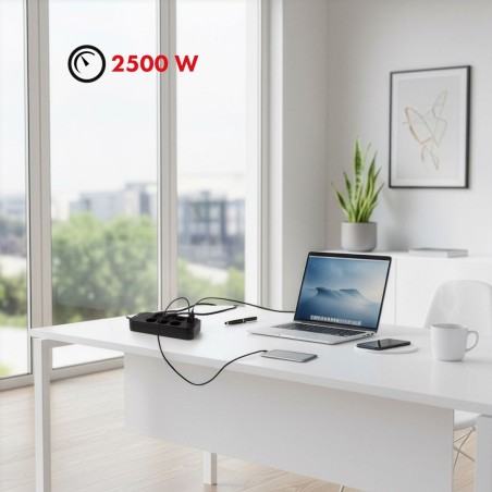Maclean Listwa Zasilająca, Przedłużacz 6 Gniazd + 4Xusb, 110-240V Ac 50/60Hz, 2.1A Max 2500W, 1,5 M, Czarna Mce389 B