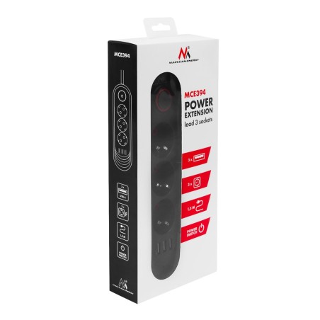 Maclean Listwa Zasilająca, Przedłużacz 3 Gniazda + 3Xusb, 110-240V Ac 50/60Hz, 2.1A Max 2500W, 1,5M, Czarna Mce394 B