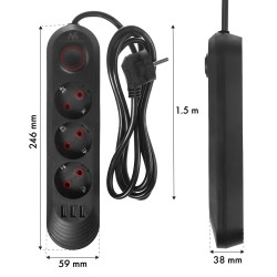 Maclean Listwa Zasilająca, Przedłużacz 3 Gniazda + 3Xusb, 110-240V Ac 50/60Hz, 2.1A Max 2500W, 1,5M, Czarna Mce394 B