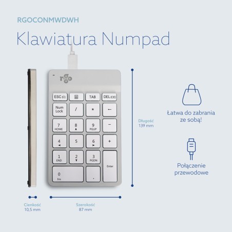 Klawiatura Numeryczna Numpad Ścienna Kabel Biała