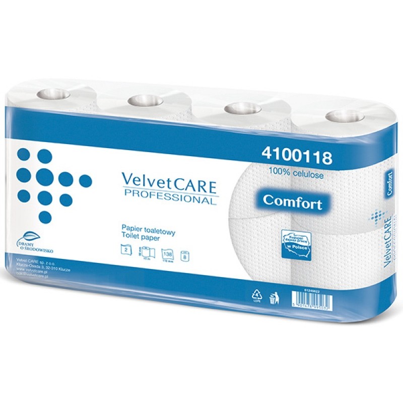 Papier Toaletowy Celuloza, 2 Warstwy, Biały, 15M - 138 Listków (8Szt) Velvet Professional Comfort 4100118/4100119