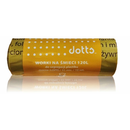Worki Na Śmieci 120L 10Szt., Dotts, Do Segregacji Plastiku, Nadruk, Mocne (Ldpe), 31Mic., Żółte