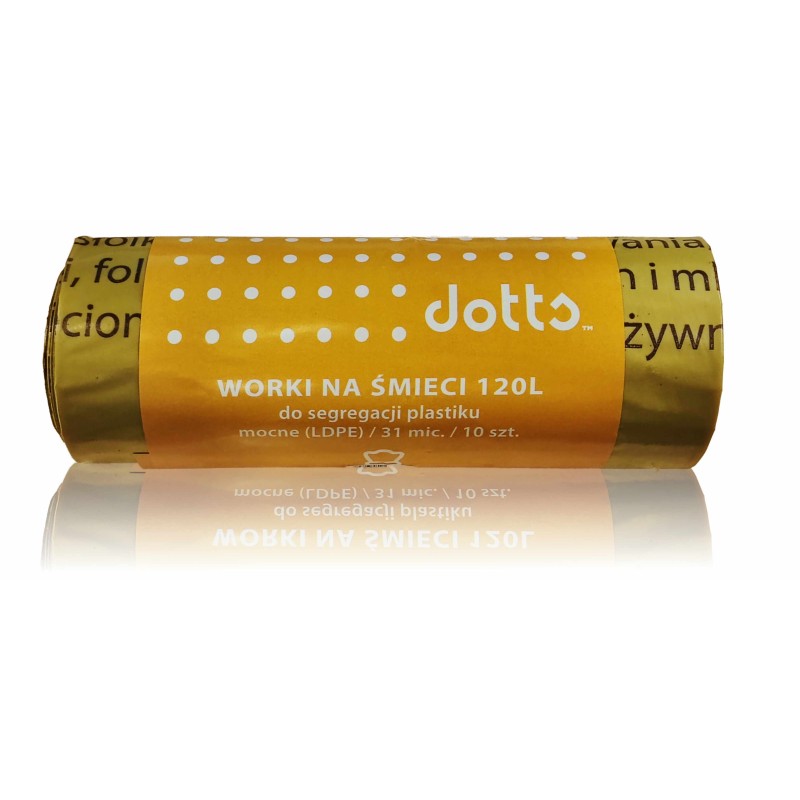 Worki Na Śmieci 120L 10Szt., Dotts, Do Segregacji Plastiku, Nadruk, Mocne (Ldpe), 31Mic., Żółte