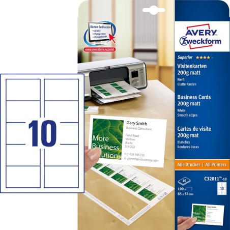 Wizytówki Quick&Clean C32011-10 85 X 54 10 Ark 200 G, Matowe, Białe, Avery Zweckform