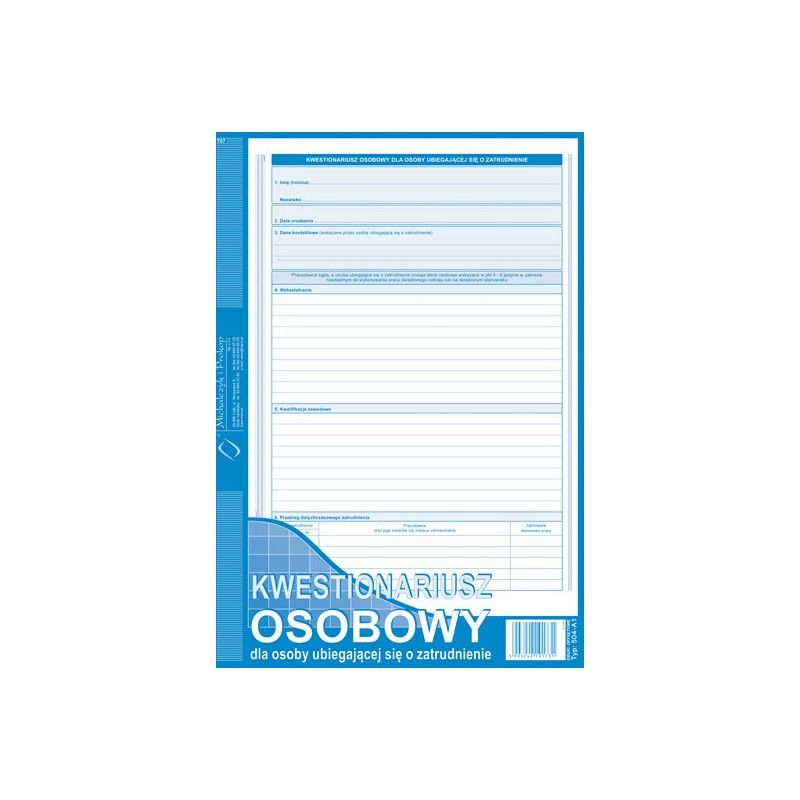 Kwestionariusz Osobowy Dla Osoby Ubiegającej Się O Zatrudnienie A4 (Offset)