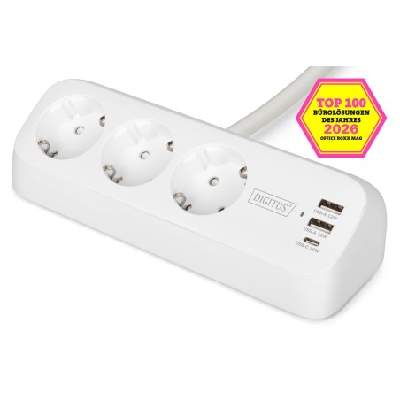Digitus 3-Drożna Biurowa Listwa Zasilająca Z 2 Złączami Usb-A I 1 Złączem Usb-C, Biała