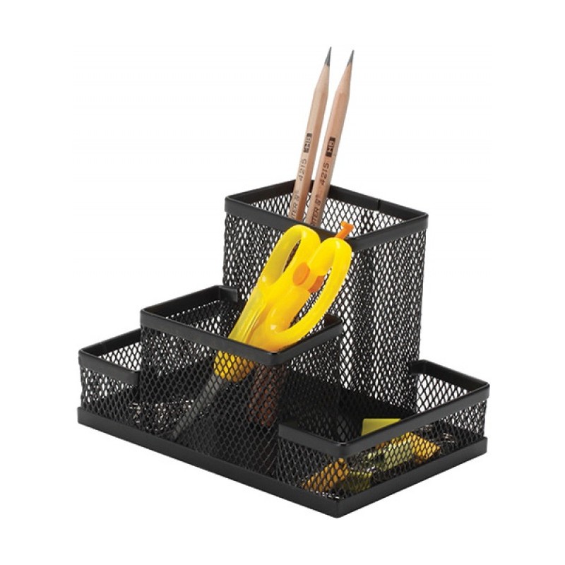 Przybornik Na Biurko Q-Connect 4 Komory Metalowy Czarny
