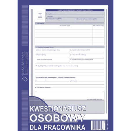 Kwestionariusz Osobowy Dla Pracownika A4 (Offset)