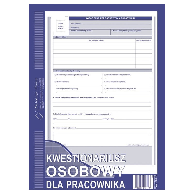 Kwestionariusz Osobowy Dla Pracownika A4 (Offset)
