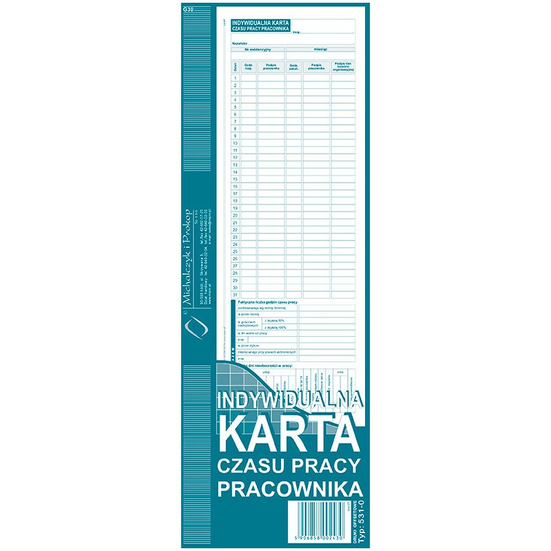 Indywidualna Karta Czasu Pracy Pracownika 1/2 A4 (Offset)