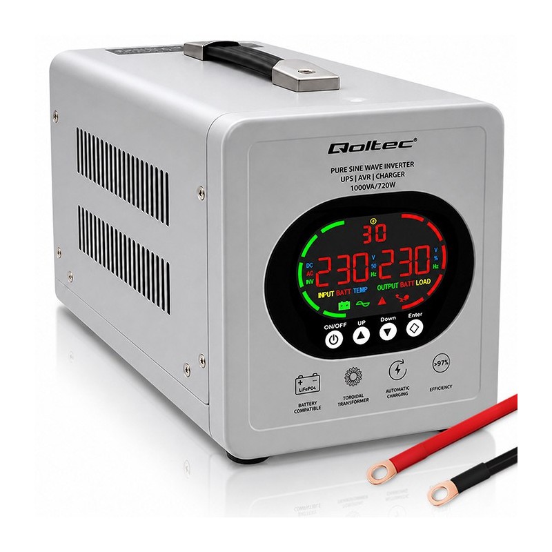 Qoltec Zasilacz Awaryjny Ups Pure Sine Wave | 1000Va/720W | Przetwornica 12/230V Z Avr | Lcd | Lifepo4 Agm Gel
