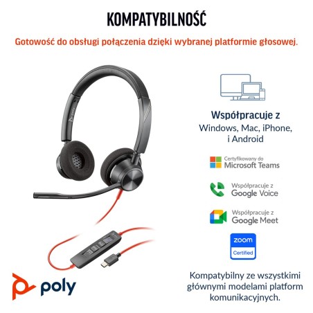 Poly Zestaw Słuchawkowy Blackwire 3320 Stereo Usb-C Z Certyfikatem Microsoft Teams + Przejściówka Usb-C/A