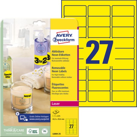 Etykiety A4 Avery 63,5*29,6Mm Żółte (25)