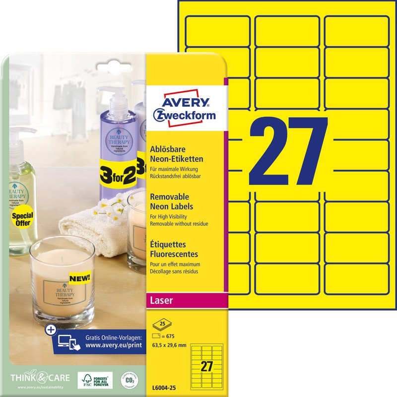 Etykiety A4 Avery 63,5*29,6Mm Żółte (25)